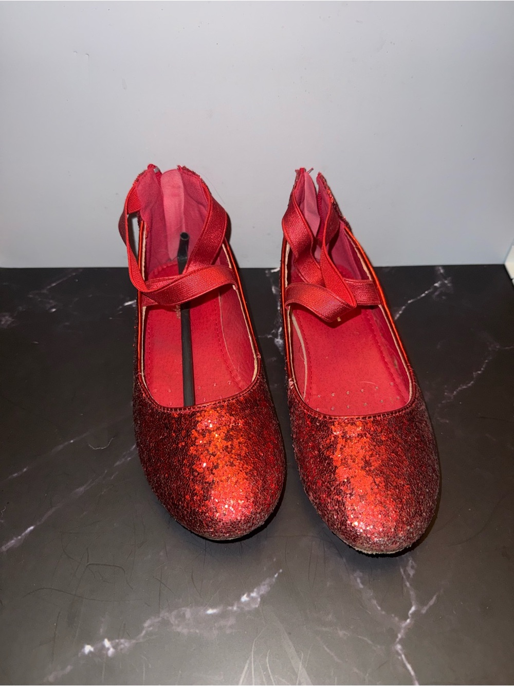 Girls Red Glitter Ballet Flats with Ankle Ribbon